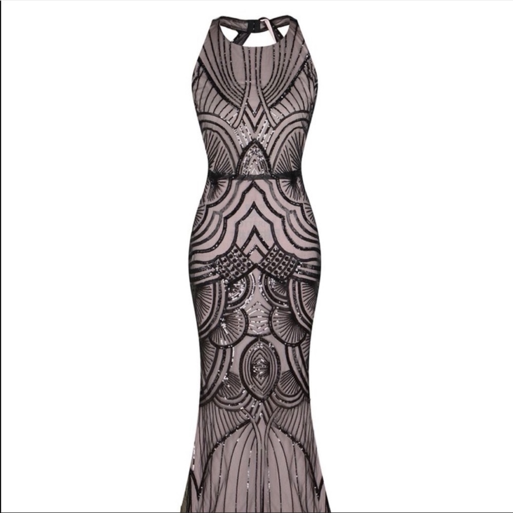 Retro stage black rose gold pink gown 1920